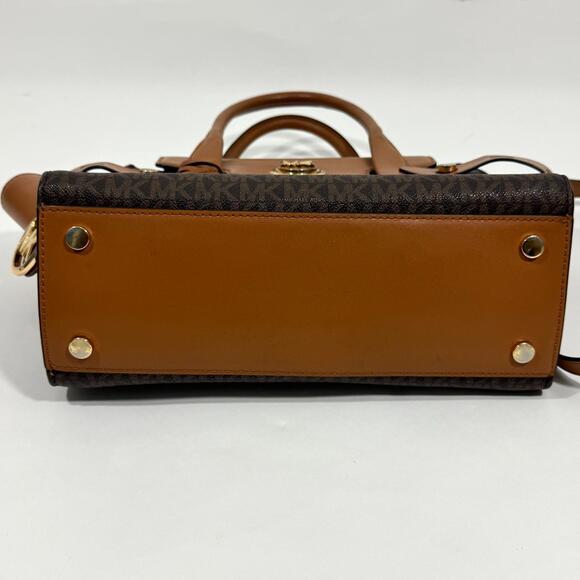 MK Michael Kors Carmen Small Logo and Leather Belted Satchel Handbag Brown - Picture 3 of 11